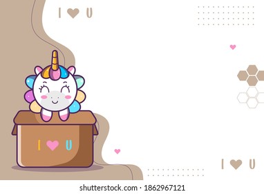lindos antecedentes de lindo personaje de unicornio, unicornio en caja marrón con las palabras que te amo, adecuado para medios sociales y posts de negocios. Vector eps 10