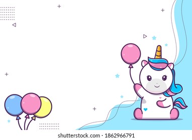 cute background of cute unicorn character, unicorn holding a balloon while sitting, suitable for social media and business posts vector eps 10