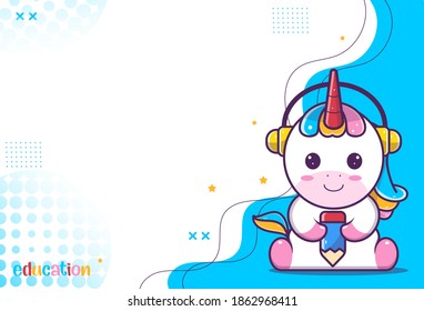 cute background of cute unicorn character,unicorn holding pencil and earphone headset, suitable for social media and business posts. Vector eps 10