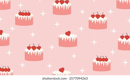 Cute background for Valentine's Day with cake, cherry hearts, wedding decoration, birthday, modern and trendy print for gift wrapping paper, fabric and textiles.