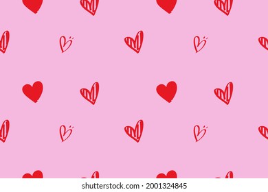 Cute background for Valentine's Day, love hand drawn. Pink and red colors. Vector illustration, background, invitation, banner, postcards