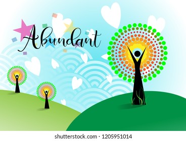 Cute background vector. There are abundant tree on the mountain and a lot of love and star around them.