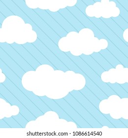 Cute background with white clouds on powder blue background  with blue lines. Overcast striped pattern. Vector illustration. Cartoon weather wallpaper. Funny childish backdrop for cards.