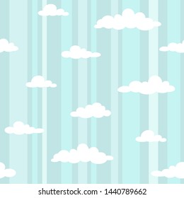 Cute background with white clouds on powder blue background with blue lines. Overcast striped pattern. Vector illustration. Cartoon weather wallpaper. Funny childish backdrop for cards.