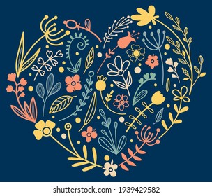 Cute background with wild flowers in heart shape. Stock floral heart vector on a blue background. Heart Love icon. Love card with floral Summer floral elements.