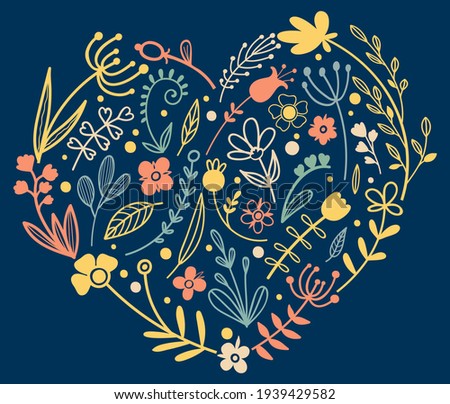 Cute background with wild flowers in heart shape. Stock floral heart vector on a blue background. Heart Love icon. Love card with floral Summer floral elements.