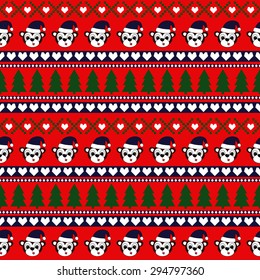Cute background for winter holidays with cartoon monkeys - new year symbol , hearts, Christmas Trees.Seamless vector pattern with Christmas decorations. Xmas traditional ornamental pattern. 