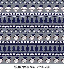 Cute background for winter holidays with cartoon monkeys - new year symbol , hearts, Christmas Trees. Seamless vector pattern with xmas decorations on grey background. Xmas traditional pattern. 