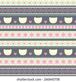 Cute background for winter holidays. Xmas traditional ornamental pattern. Seamless pattern with smiling teddy bears for kids holidays. Christmas decorations.  Baby shower vector seamless pattern.