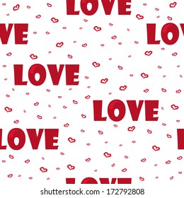 Cute background with word love and hearts for Valentine's Day, seamless pattern, vector illustration