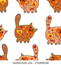 Cute background for wrappers and wallpaper, design of fabric, paper. Scribble, sketch, doodle. Vector. Pattern on yellow, white and orange versicolors. Seamless. Beautiful cat.