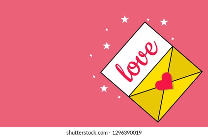 Cute Background. Yellow envelope and love letter with heart shape. Backdrop or background design. Icon, simple elegant for love concept. Space for your text or copy. - Vector