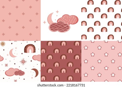 Conjunto de fondos de corte. Textura transparente rosa y blanca con arcoiris y estrellas. Ilustración con la luna. Impresiones para tela, papel, papel pintado, postales, etc.
