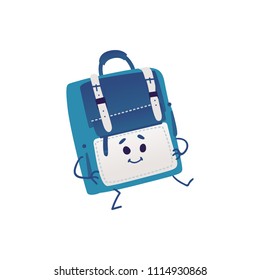 Cute backpack cartoon character dancing isolated on white background - funny school bag personage with smiling face for back to school concept in vector illustration.