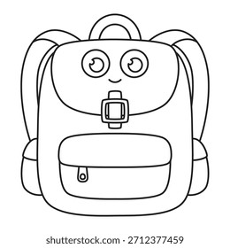 Personaje lindo de la mochila aislado en el fondo blanco, bolso con cara sonriente, Ilustración vectorial de contorno, concepto de regreso a la escuela
