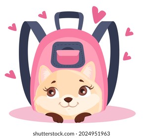 Cute backpack with dog. Funny sticker for kids. School bag. Children educational supplies. Beautiful pink briefcase. Cartoon animal print. Flat vector illustration isolated on white background