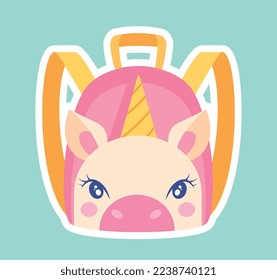 Cute backpack icon. Pink unicorn bag for girls. Graphic element for printing on fabric. School supplies for schoolchildren and students. Template, layout and mock up. Cartoon flat vector illustration