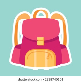 Cute backpack icon. Red bag for hiking and travel. Travel and adventure, active lifestyle and tourism. Advertising poster or banner for website. School supplies. Cartoon flat vector illustration