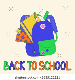 Cute backpack with school supplies for study, student equipment. Cartoon style vector illustration.
