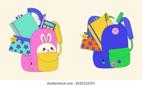 Cute backpack with school supplies for study, student equipment. Cartoon style vector illustration.