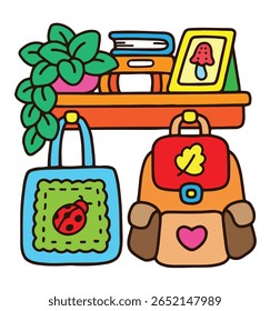 Cute Backpack and Tote Bag Hanging on Shelf – Colorful Hand Drawn Clipart