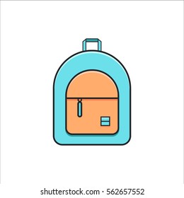 Cute backpack in trendy line flat style. Icon of green kid or girl knapsack on isolated white background. Vector back pack image for web and graphic design.