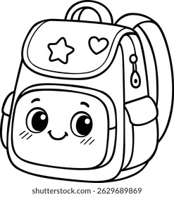 Cute Backpack Vector for Coloring, Smiling School Bag Illustration for Kids' Fun Educational Activities
