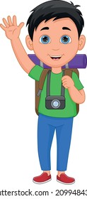cute backpacker boy waving on white background