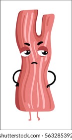 Cute bacon slice cartoon character isolated on white background vector illustration. Funny fast food menu emoticon face icon. Happy smile cartoon face food, comical bacon rasher animated mascot symbol