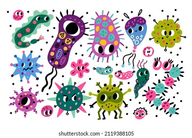 Cute bacteria characters. Funny cartoon germs, color viruses and microbes, different shapes, harmful and useful parasitic organisms. Biology and chemistry sciences vector