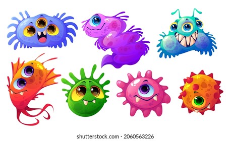 Cute bacteria, germ and virus characters isolated on white background. Vector cartoon set of funny bacterium, microorganism and biology cell with flagella and faces