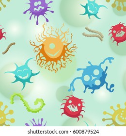 Cute bacteria and microbes colorful cartoon seamless pattern