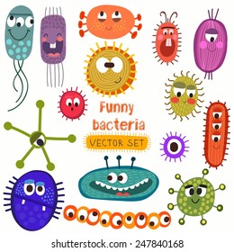 Cute bacteria set. Funny funny characters  in a colorful style.