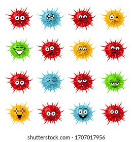 Cute bacteria, virus, germ cartoon character set. Microbe and pathogen vector icons isolated on background.