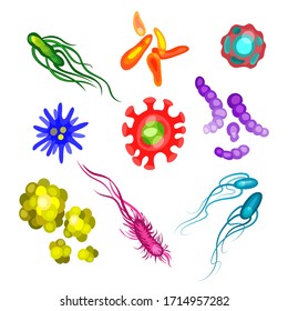 Cute bacteria, virus, germ cartoon character set. Microbe and pathogen vector icons isolated on background.