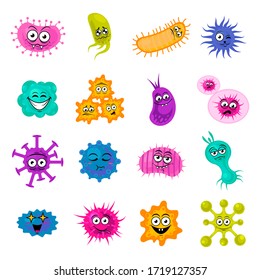 Cute Bacteria, Virus, Germ Cartoon Character Set. Microbe And Pathogen Vector Icons Isolated On Background.