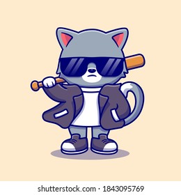 Cute Bad Cat Wearing Suit And Sunglasses With Baseball Bat Cartoon Vector Icon Illustration. Animal Fashion Icon Concept Isolated Premium Vector. Flat Cartoon Style