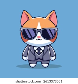 Cute Bad Cat Wearing Suit And Sunglasses Cartoon Vector Icon Illustration. Animal Fashion Icon Concept Isolated Premium Vector. Flat Cartoon Style