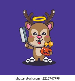 Cute bad deer holding machete in halloween day. Cute halloween cartoon illustration.