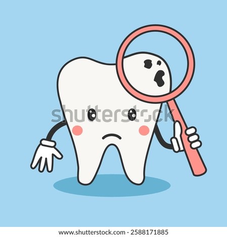 Cute bad tooth character. Caries tooth vector illustration. Sad baby cartoon tooth. Oral health care dentistry concept.