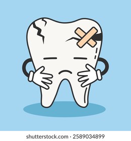 Cute bad tooth character. Cavity tooth vector illustration. Sad baby cartoon tooth. Oral health care dentistry concept. Toothache child illustration