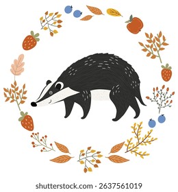 Cute badger animal illustration in an autumn wreath with leaves and berries. Adorable forest wildlife character design for children's book or nursery decor.
