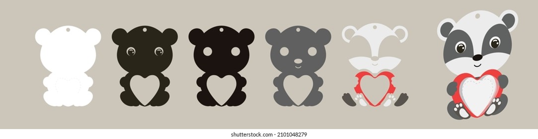 Cute badger candy ornament. Layered paper decoration treat holder for dome. Hanger for sweets, candy for birthday, baby shower, valentine days. Print, cut out, glue. Vector stock illustration
