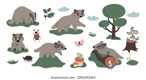 Cute badger Character. Cute woodland animals collection. Hand drawn vector illustration set badgers, forest animals, trees, mushrooms isolated