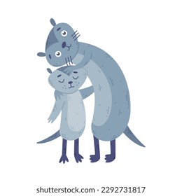 Cute badger family. Animal parent hugging its baby. Happy parenthood cartoon vector illustration