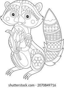 Cute badger with flower. Doodle style, black and white background. Funny animal, coloring book pages. Hand drawn illustration in zentangle style for children and adults, tattoo.