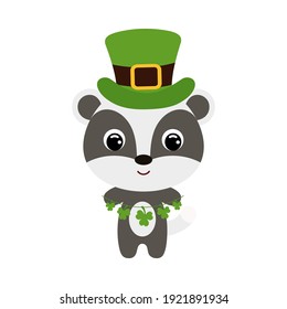 Cute badger in green leprechaun hat. Cartoon sweet animal with clovers. Vector St. Patrick's Day illustration on white background. Irish holiday folklore theme.