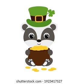 Cute badger in green leprechaun hat with clover holds bowler with gold coins. Cartoon sweet animal. Vector St. Patrick's Day illustration on white background. Irish holiday folklore theme.