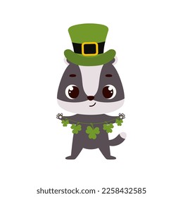 Cute badger in green leprechaun hat with clover. Irish holiday folklore theme. Cartoon design for cards, decor, shirt, invitation. Vector stock illustration.