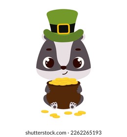 Cute badger in green leprechaun hat holds bowler with gold coins. Irish holiday folklore theme. Cartoon design for cards, decor, shirt, invitation. Vector stock illustration.